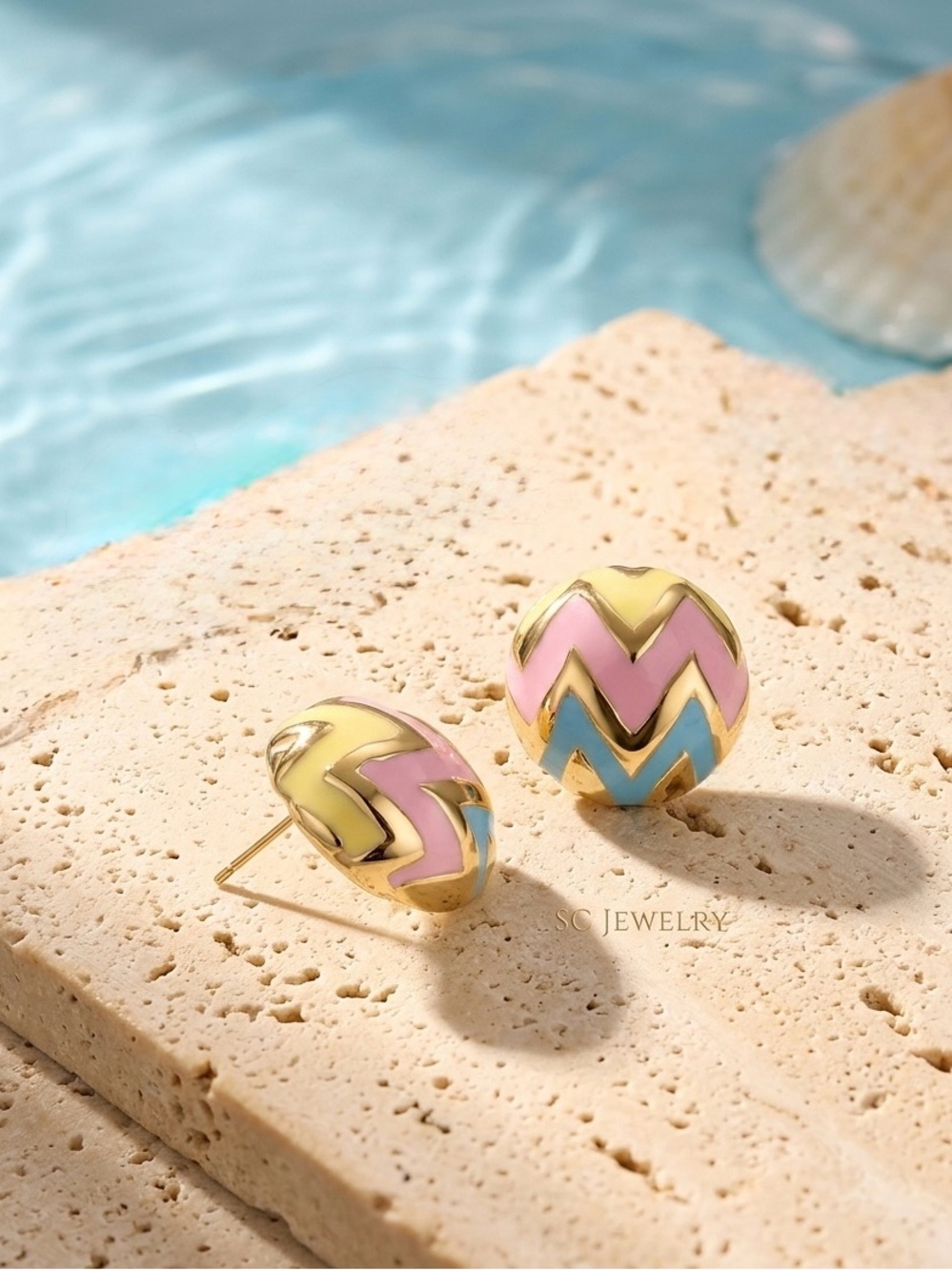 14K Gold Plated Pastel Chevron Dome Earrings | Water Resistsnt & Lightweight